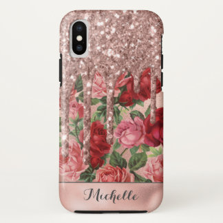 Roos Gouden Glitter Druppelt  Roos Bloemen Naam iPhone X Hoesje