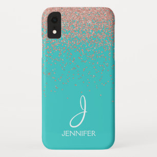 Roos Gouden Glitter en Blauwgroen Monogram iPhone XR Hoesje