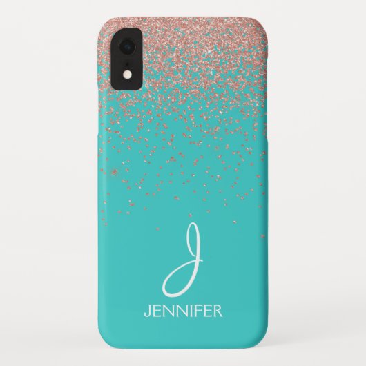 Roos Gouden Glitter en Blauwgroen Monogram Case-Mate iPhone Case (Achterkant)
