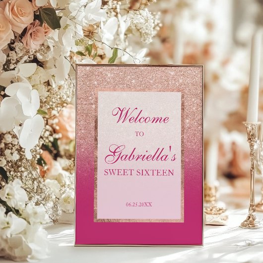 Roos Gouden Glitter en Roze Ombre Sweet 16 Welkom Poster