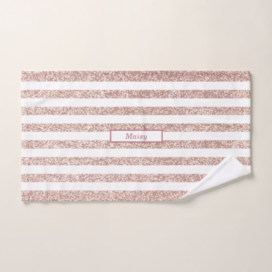 Roos Gouden Glitter en Wit Gestreept Gepersonalise Bad Handdoek (Handdoek)