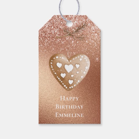 Roos Gouden Glitter Gingerbread Hart Verjaardag Cadeaulabel (Voorkant)