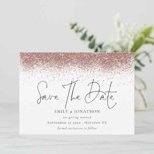 Roos gouden glitter grens bruiloft save the date (Staand voorkant)
