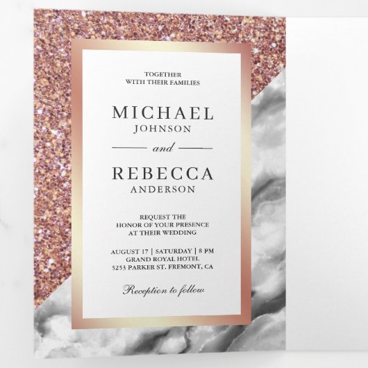 Roos Gouden Glitter Grijs Marmeren Fotobruiloft Drieluik Uitnodiging (Binnenzijde eerst)