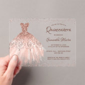 Roos Gouden Glitter Jurk Script Quinceañera Party Acryl Uitnodigingen (Insitu (Draagbaar))