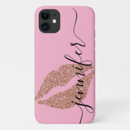 Roos gouden glitter lippen, gepersonaliseerd roze iPhone 11 hoesje