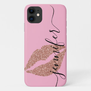 Roos gouden glitter lippen, gepersonaliseerd roze iPhone 11 hoesje