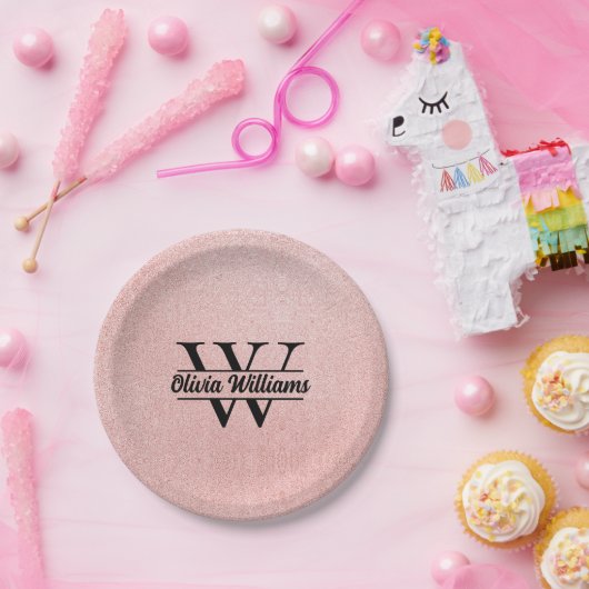 Roos gouden glitter monogram | Girly Modern Sparkl Papieren Bordje (Feest)