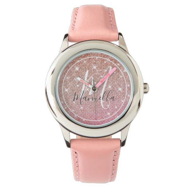 Roos Gouden Glitter Monogrammed Girly Pink Horloge (Voorkant)