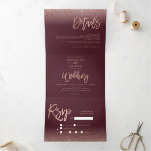 Roos gouden glitter ombre rode bordeaux bruiloft drieluik uitnodiging