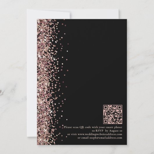 Roos Gouden Glitter op Zwarte QR Code Bruiloft Kaart (Achterkant)