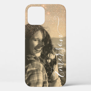 Roos Gouden Glitter Overlay Sepia Fotosjabloon iPhone 12 Hoesje