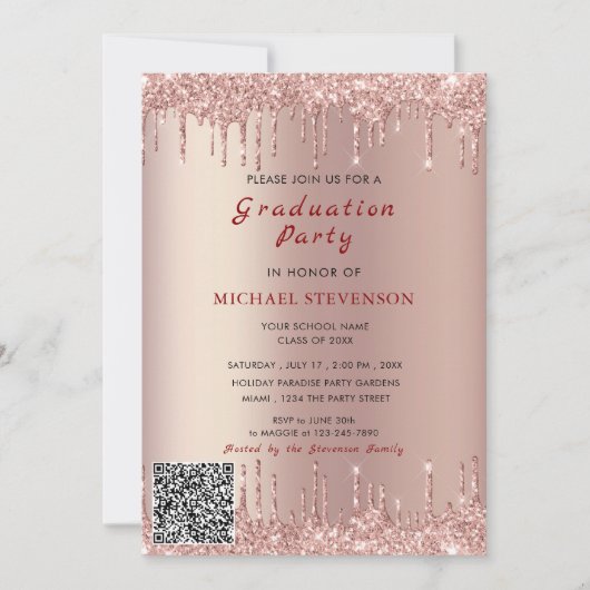 Roos Gouden Glitter QR Code Afstuderen Uitnodiging (Voorkant)