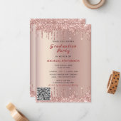 Roos Gouden Glitter QR Code Afstuderen Uitnodiging (Voorkant / Achterkant in situ)