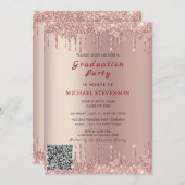 Roos Gouden Glitter QR Code Afstuderen Uitnodiging (Voorkant / Achterkant)