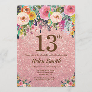 Roos Gouden Glitter Roze Bloemen 13e Verjaardag Kaart