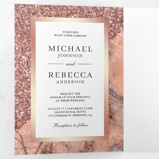 Roos Gouden Glitter Roze Marmeren Fotobruiloft Drieluik Uitnodiging (Binnenzijde eerst)