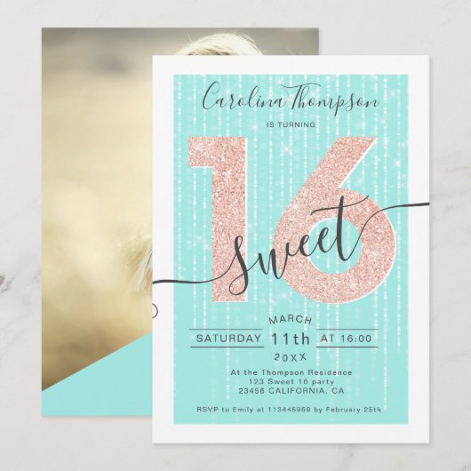 Roos gouden glitter script blauwgroen licht Sweet Kaart (Voorkant / Achterkant)