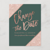 Roos gouden glitter script groen Verander de datum Aankondigingskaart (Voorkant)