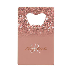Roos Gouden Glitter Sequin Monogram Stijlvol Kredietkaart Flessenopener