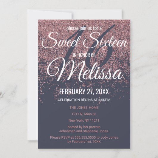 Roos Gouden Glitter Sparkles Navy Blue Sweet 16 Kaart (Voorkant)