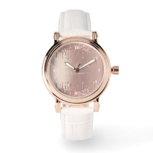 Roos Gouden Glitter Sparkly Aangepaste Tekst Horlo Horloge