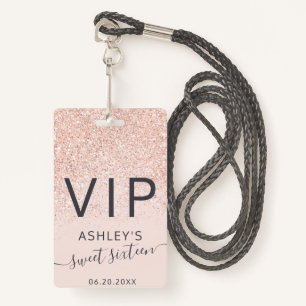 Roos gouden glitter typografie blush Sweet 16 VIP Badge