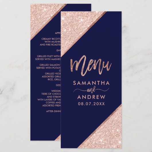 Roos gouden glitter typografie marine bruiloft men menu (Voorkant / Achterkant)