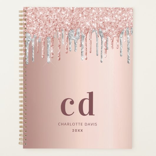 Roos gouden glitter zilveren monogram initialen planner (Voorkant)