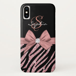 Roos Gouden Glitter Zwarte Zebra Strepen Bow Monog iPhone X Hoesje