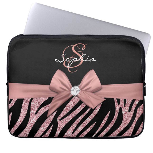 Roos Gouden Glitter Zwarte Zebra Strepen Bow Monog Laptop Sleeve (Voorkant)