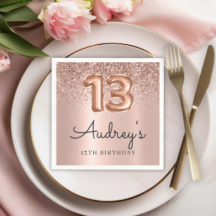 Roos Gouden Glitterballon 13de Verjaardag Monogram Servet