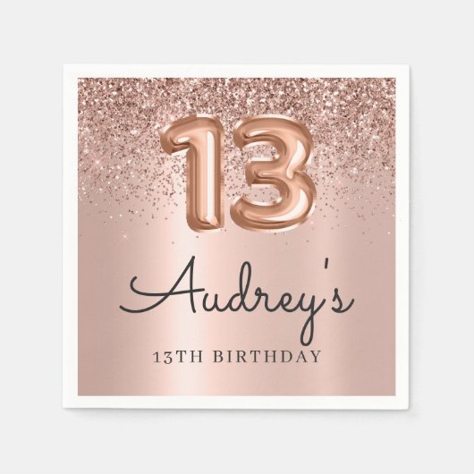 Roos Gouden Glitterballon 13de Verjaardag Monogram Servet (Voorkant)