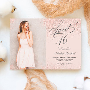 roos gouden glitterscript zwart roze foto Sweet 16 Kaart