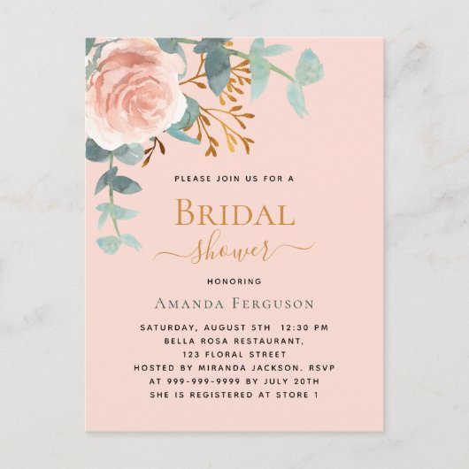 Roos gouden groen perzik Vrijgezellenfeest Uitnodiging Briefkaart (Voorkant)