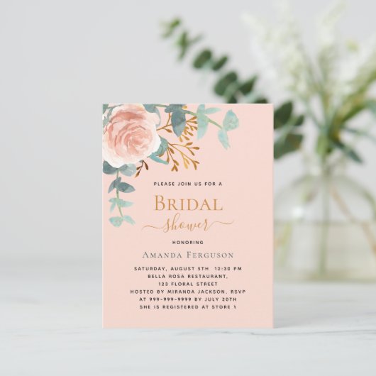 Roos gouden groen perzik Vrijgezellenfeest Uitnodiging Briefkaart (Staand voorkant)