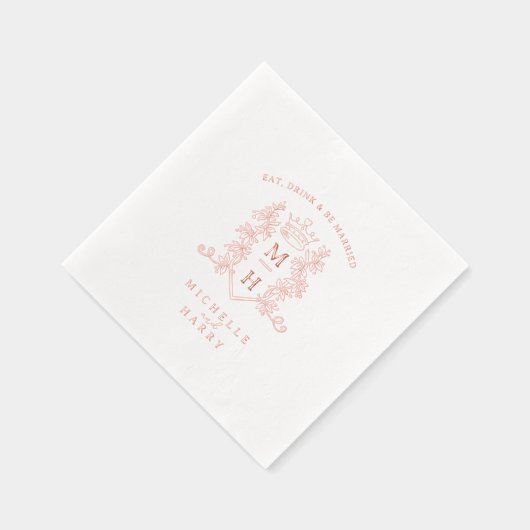 Roos Gouden Hart Kroon Trouwmonogram Custom Folie Servetten (Rechts)