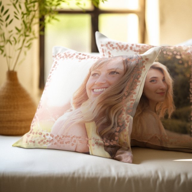 Roos gouden harten rand foto kussen (Rose Gold Hearts Border Photo Throw Pillow)