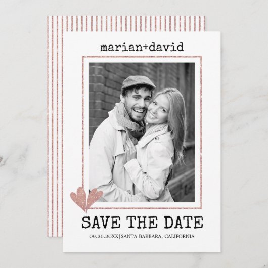 Roos gouden harten tentemschrijfmachine bruiloft f save the date (Voorkant / Achterkant)