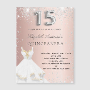 Roos gouden jurk Quinceanera magneetuitnodiging