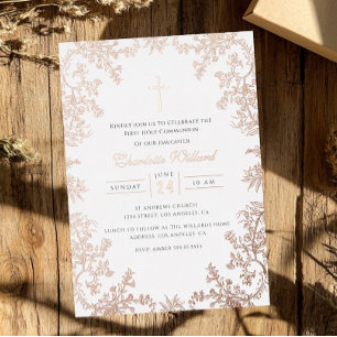 Roos Gouden Kruis  Meisjes Eerste Communie Folie Uitnodiging