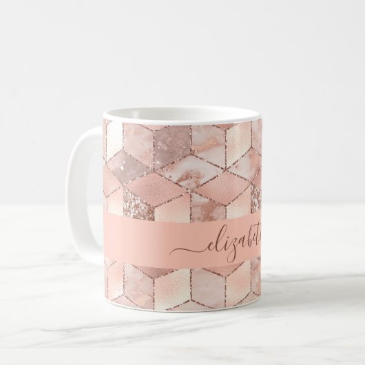 Roos gouden kubus marmer naam glittere script koffiemok (Voorkant links)