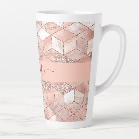 Roos gouden kubus marmer naam glittere script latte mok (Rechts)