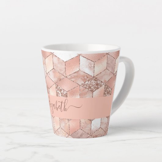 Roos gouden kubus marmer naam glittere script latte mok (Rechterhoek)