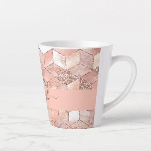 Roos gouden kubus marmer naam glittere script latte mok (Rechts)