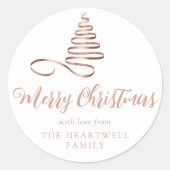 Roos gouden lintboom vrolijk kerstscript ronde sticker (Voorkant)