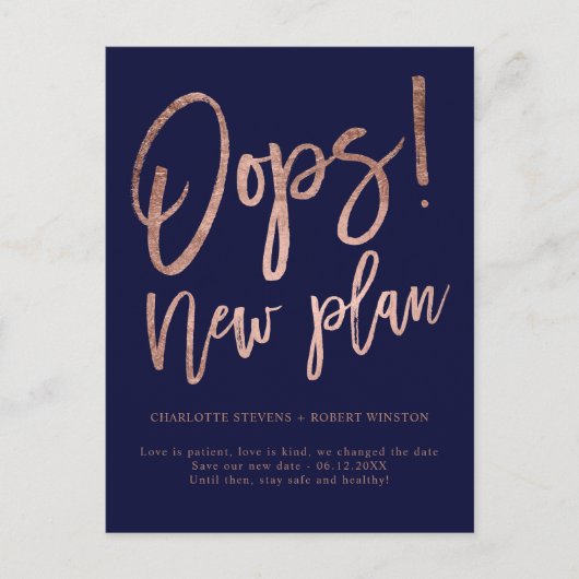 Roos gouden marine nieuwe plan bruiloft datum aankondigingskaart (Voorkant)