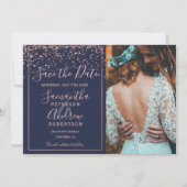 Roos gouden marineblauw met daarop de datumfoto save the date (Voorkant)