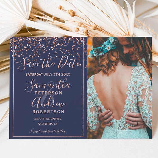 Roos gouden marineblauw met daarop de datumfoto save the date