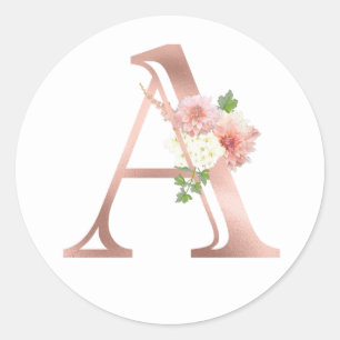 Roos Gouden Monogram Letter Een Blush Roze Bloem F Ronde Sticker